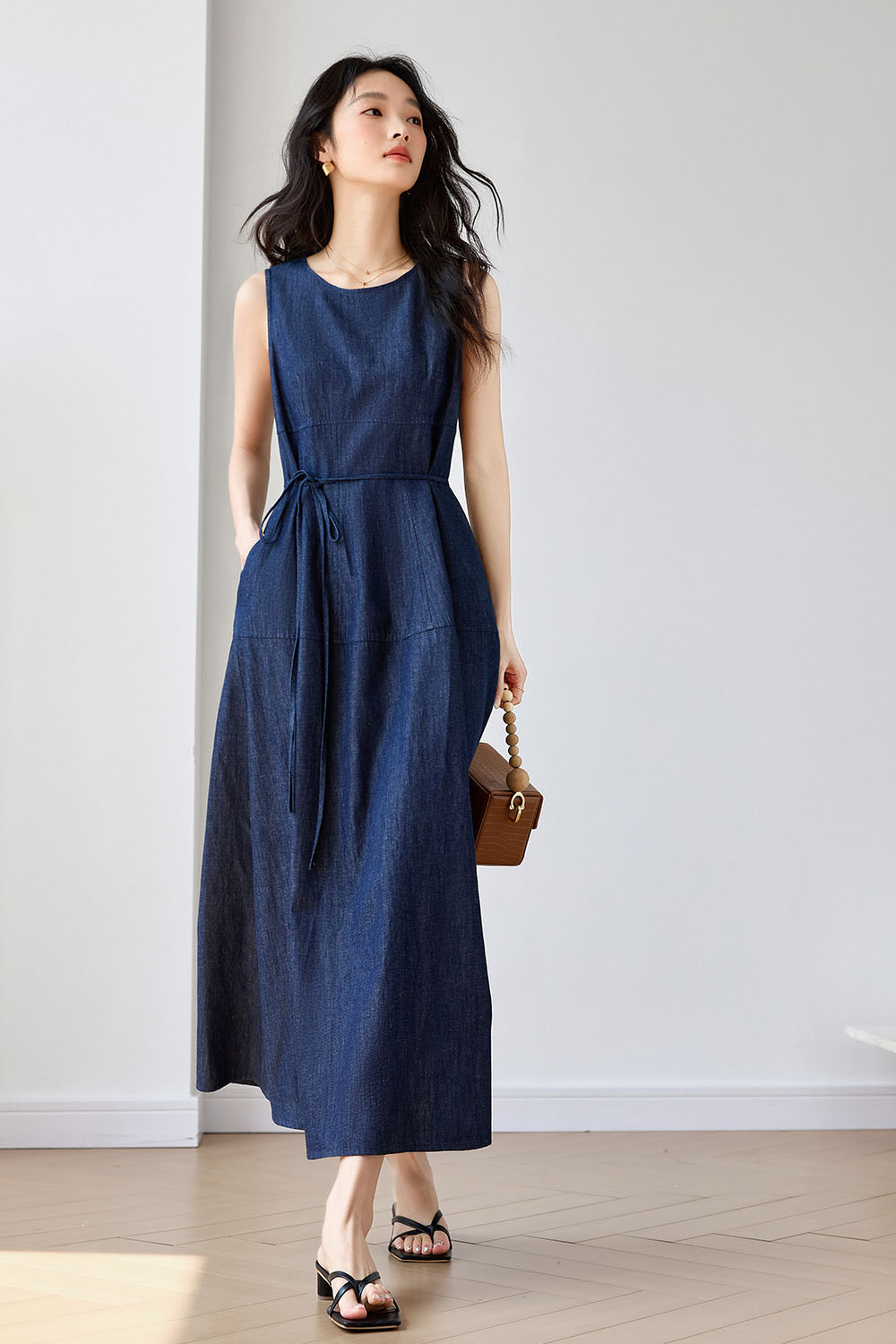 Cotton And Linen Blend Denim Dress-VIMLYSTORE