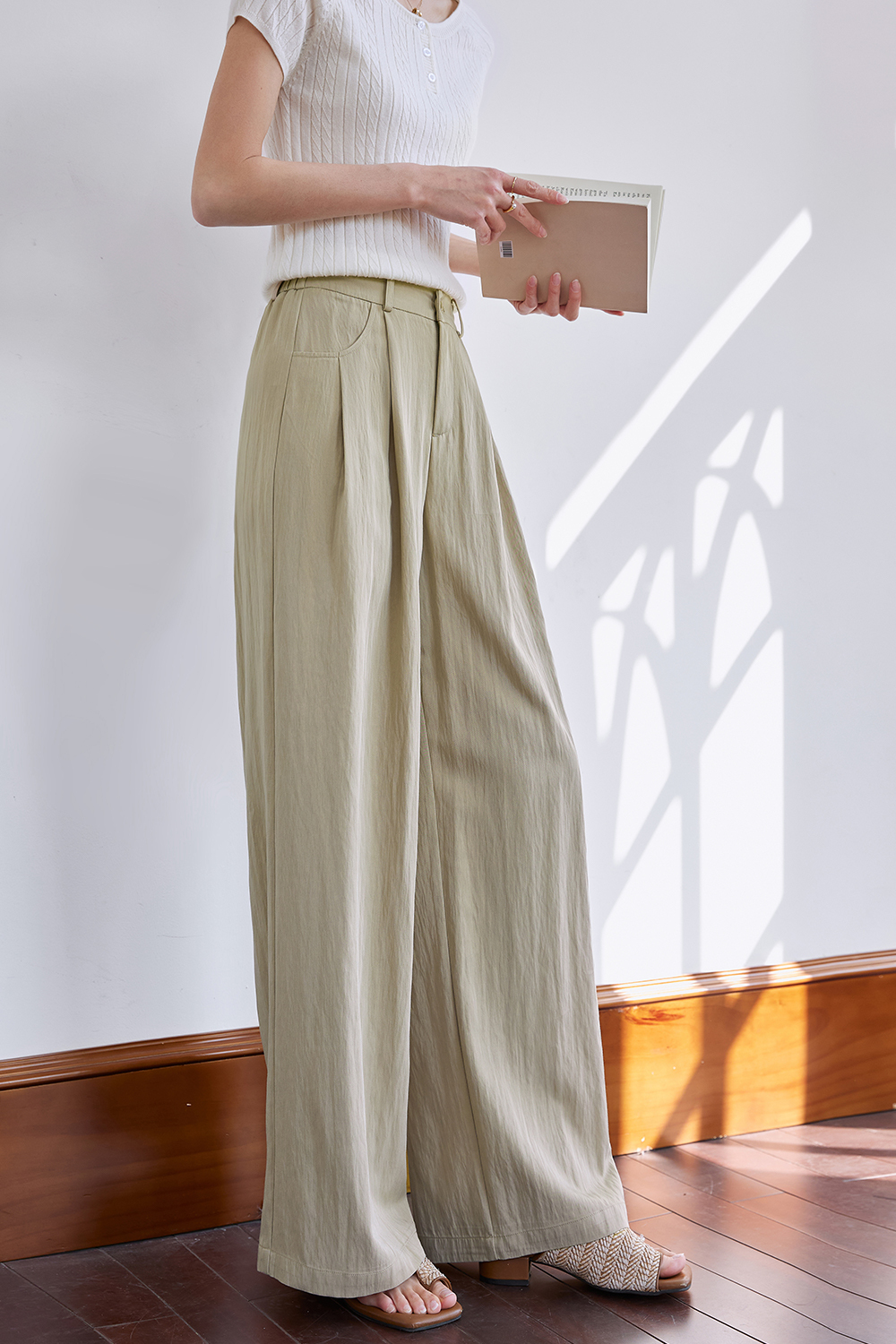 Woven Mid-Waist Casual Wide-Leg Pants