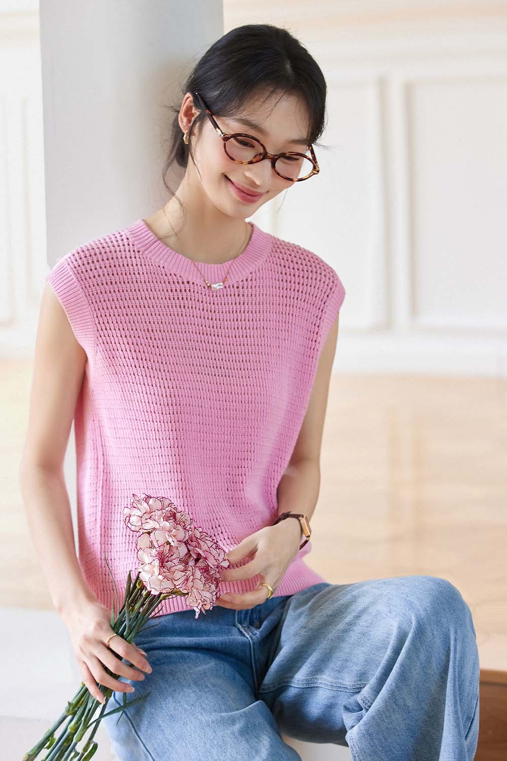 100% Cotton Minimalist Style Hollow Sweater