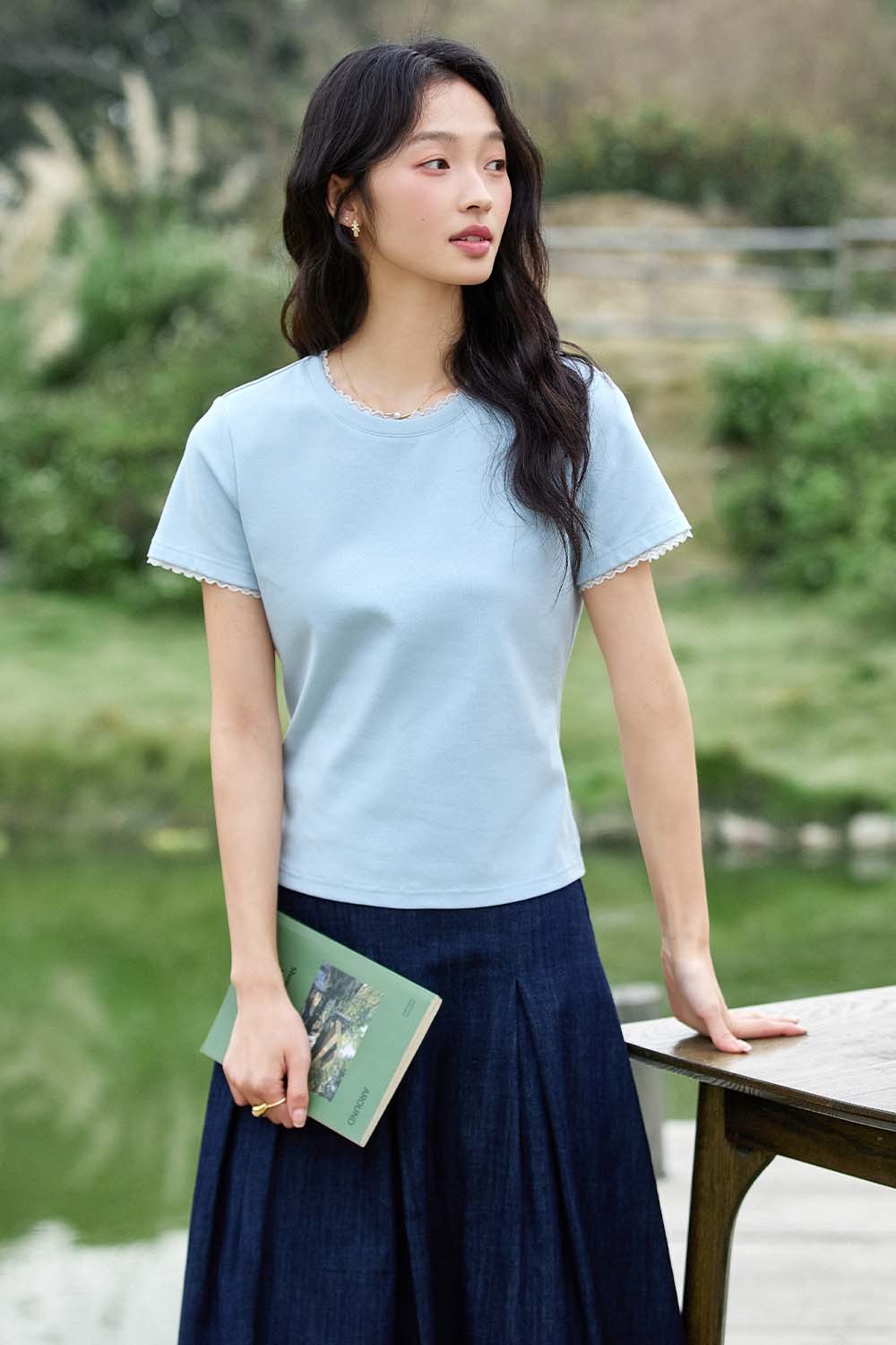 Paneled Round Neck Straight T-Shirt