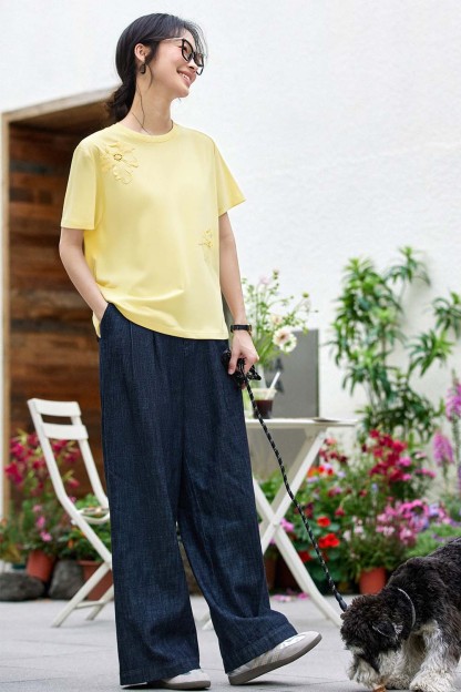 Hollow Flower Embroidery Straight T-Shirt-VIMLYSTORE