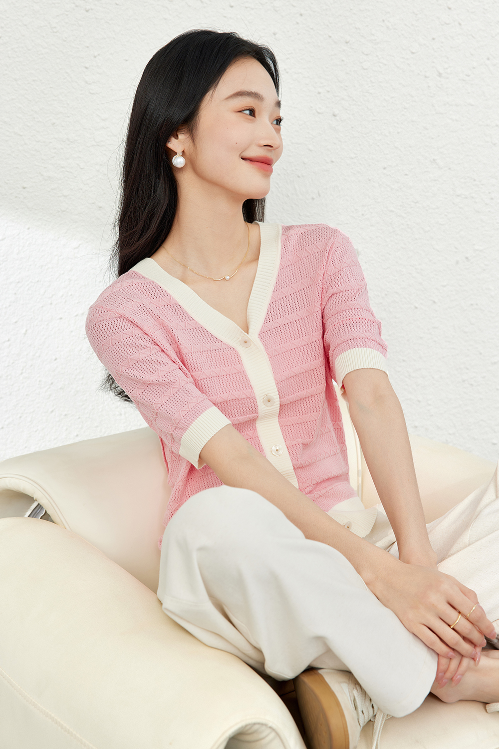 Color-Block French Textured Knit Cardigan