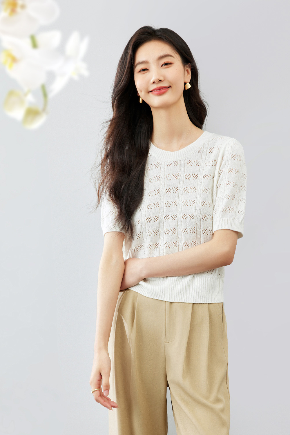 French Hollow Solid Color Knit Sweater