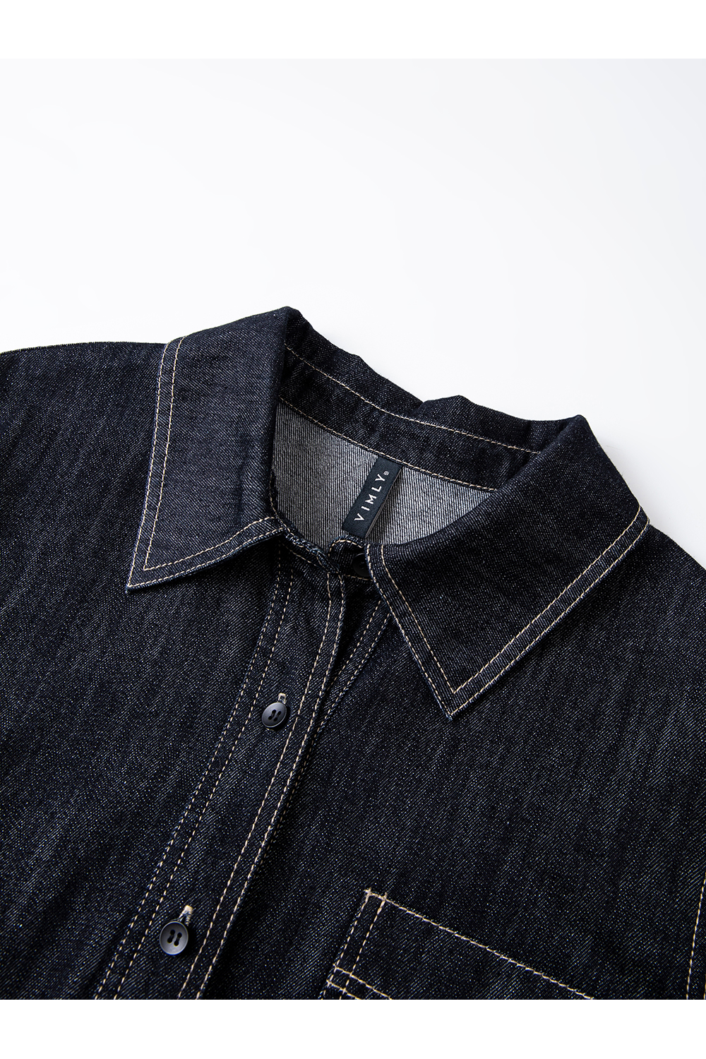 Denim Shirt Dress with Contrast Topstitching-VIMLYSTORE