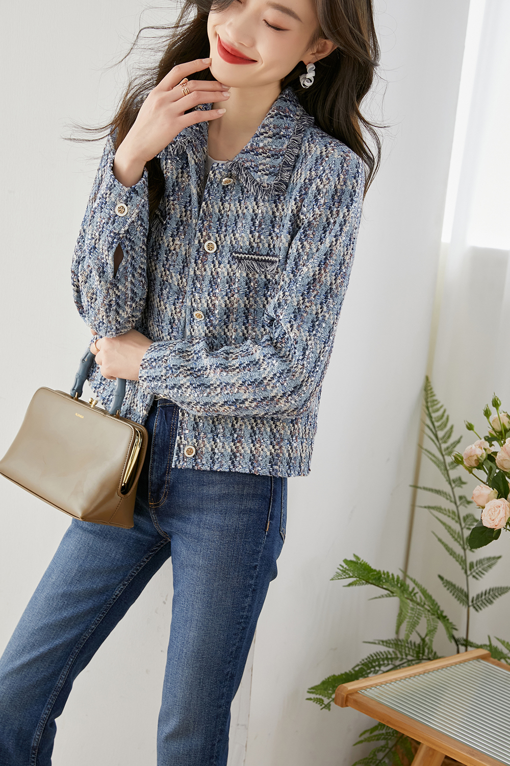 Lapel Blended Checkered Jacket-VIMLYSTORE