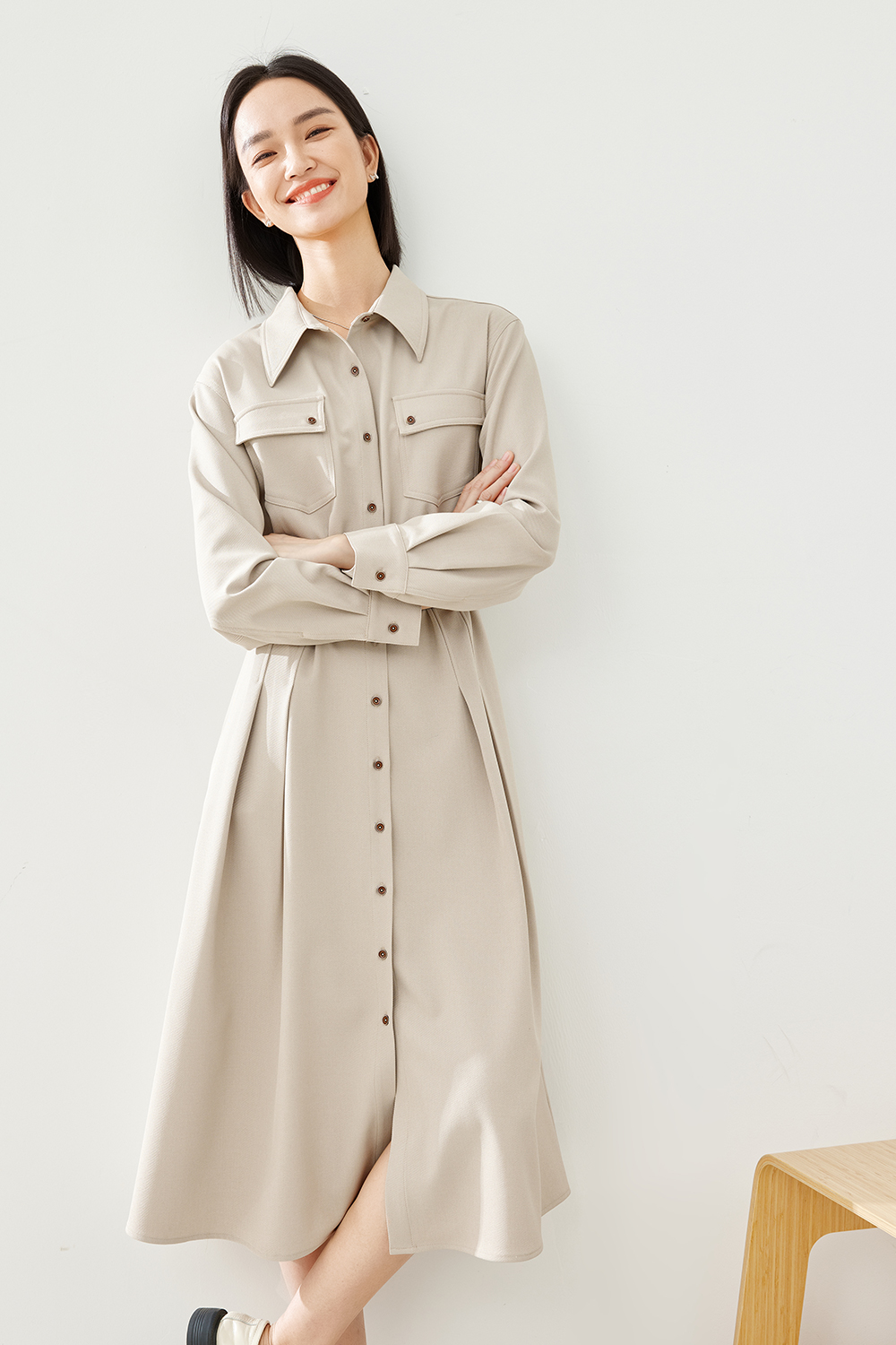 Turn-down Collar Cinched Waist Dress