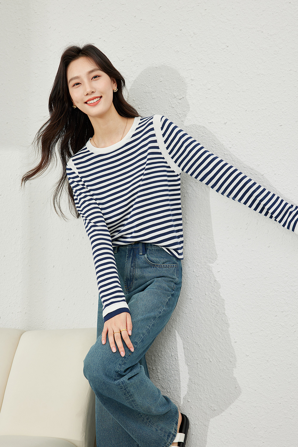 Round Neck Striped Knit Sweater-VIMLYSTORE