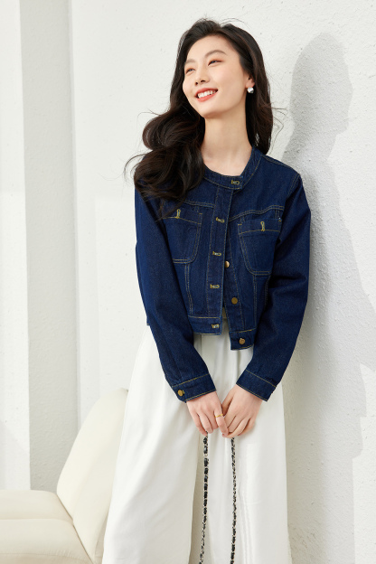 Round Neck Denim Short Jacket