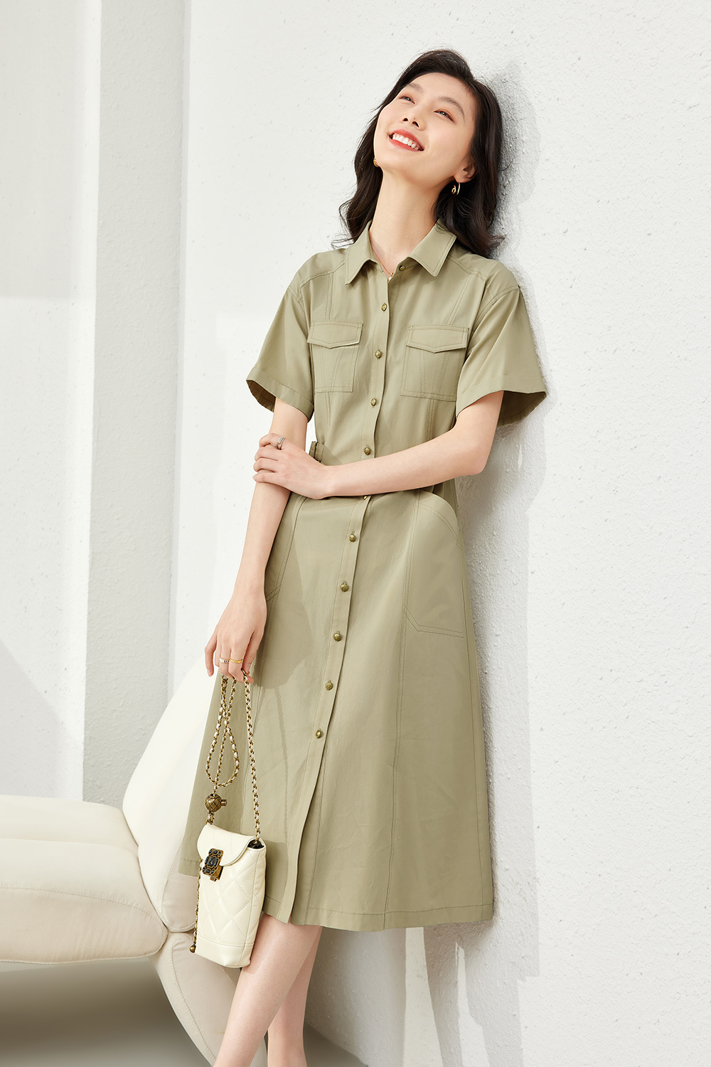 Polo Collar Shirt Dress-VIMLYSTORE