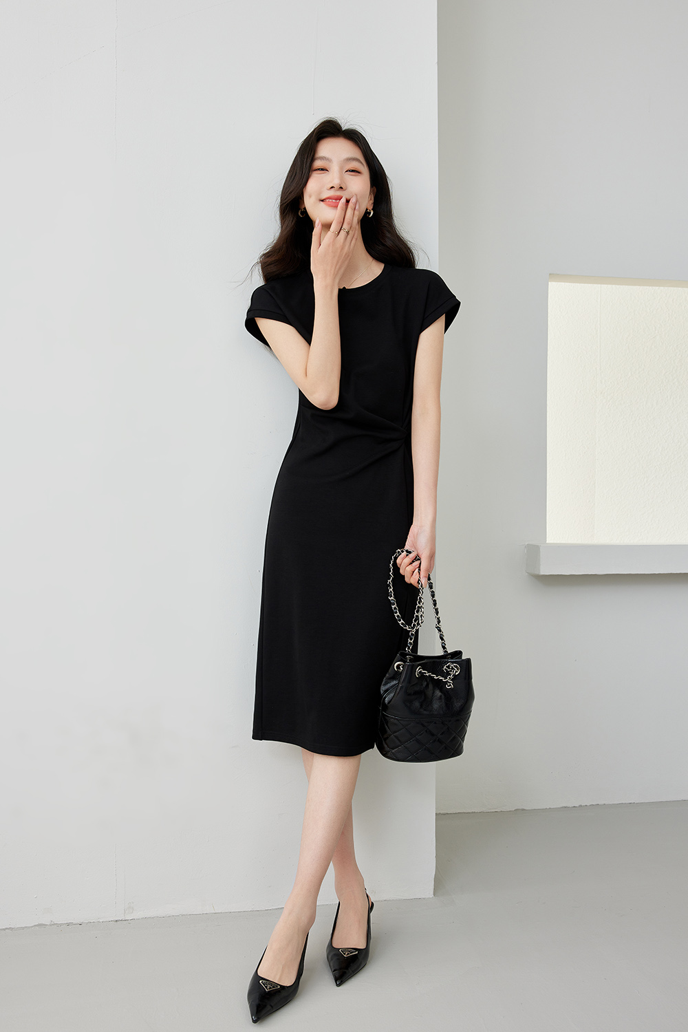 Pleated Cinched Waist Dress