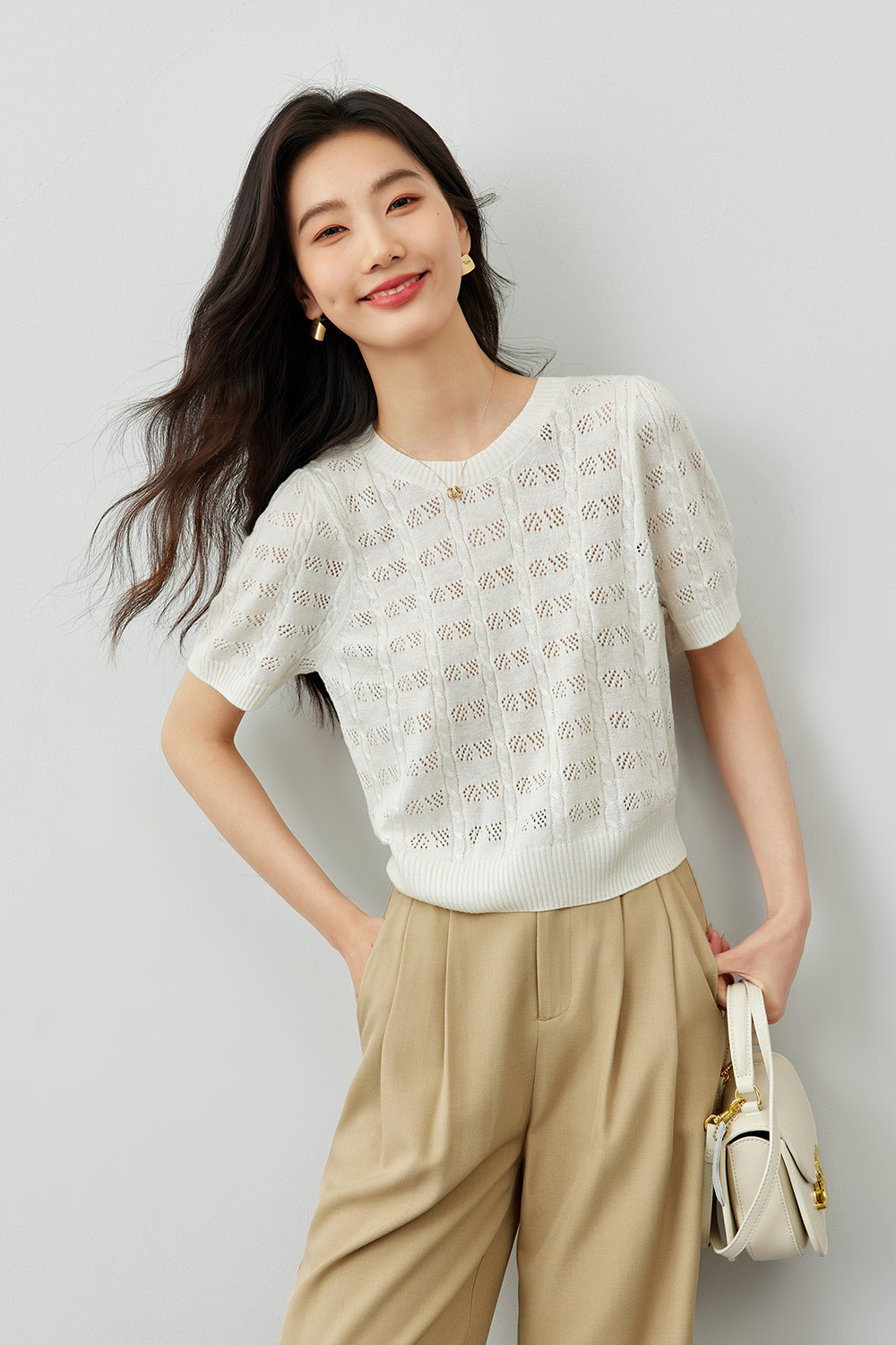French Hollow Solid Color Knit Sweater