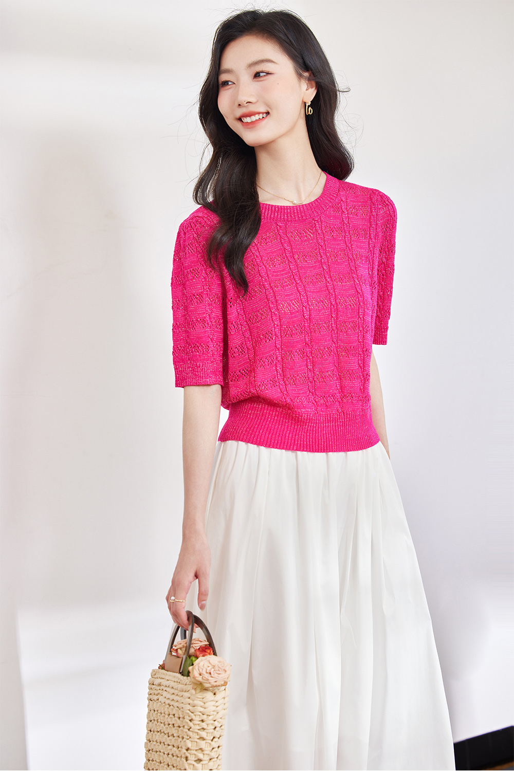 French Hollow Solid Color Knit Sweater
