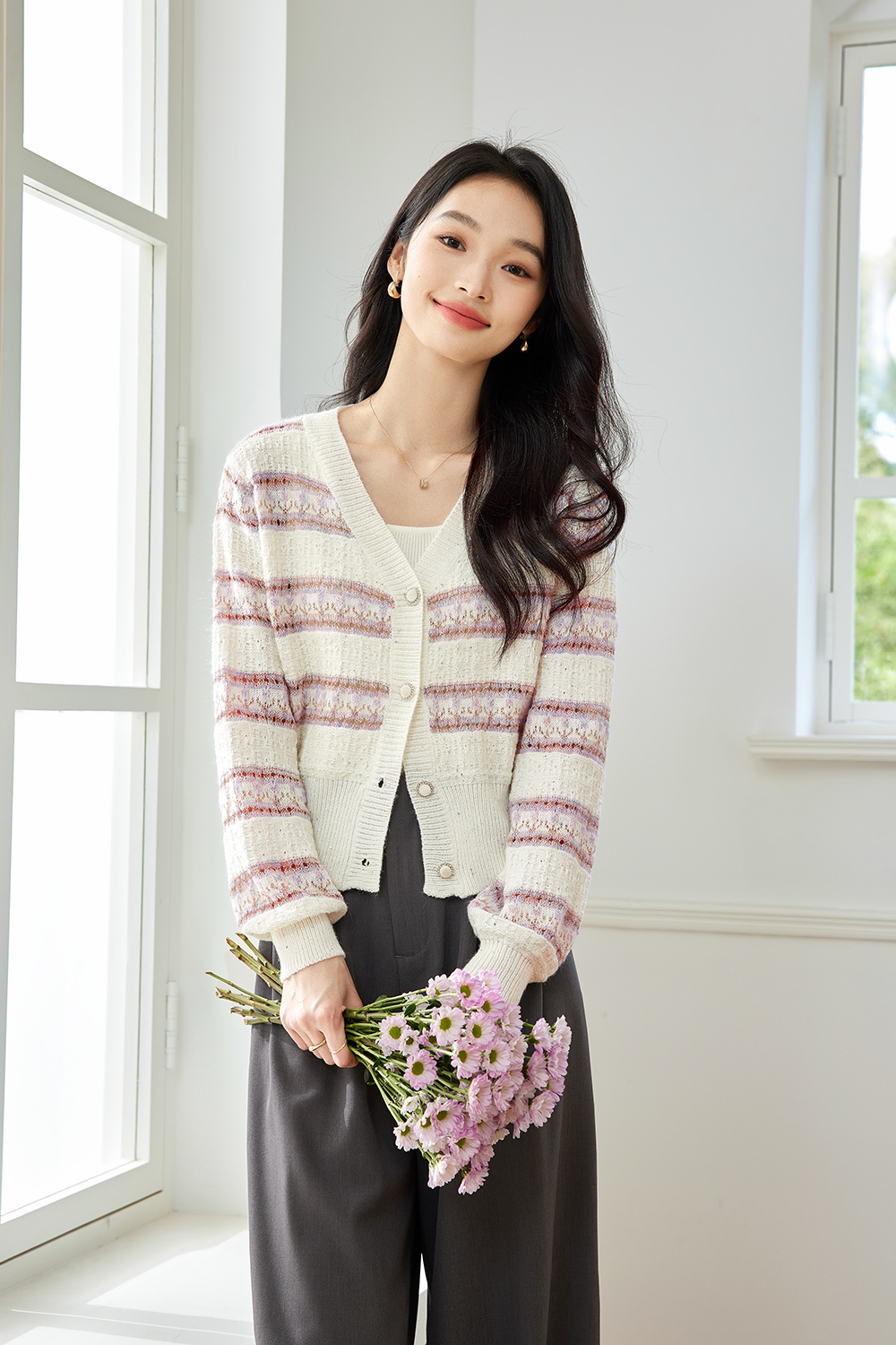 Striped Gentle Style Knitted Cardigan