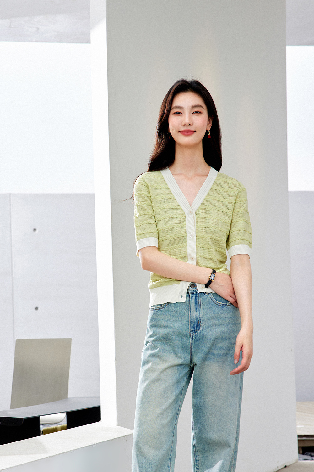 Color-Block French Textured Knit Cardigan