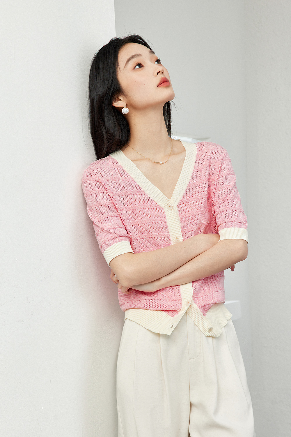Color-Block French Textured Knit Cardigan