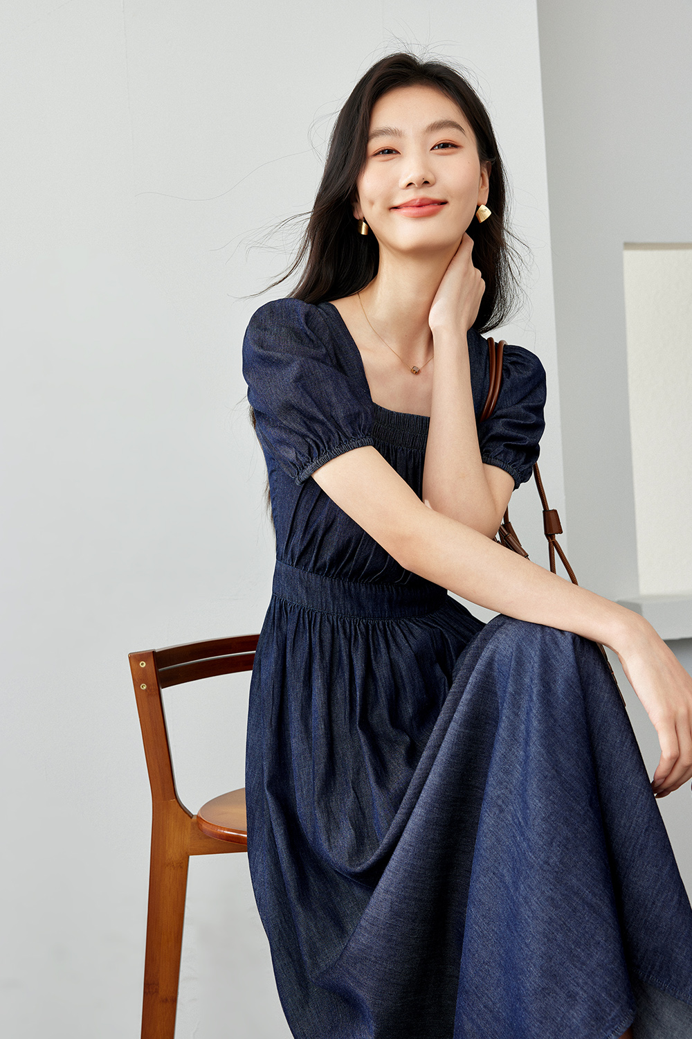 Retro Square Neck Denim Dress