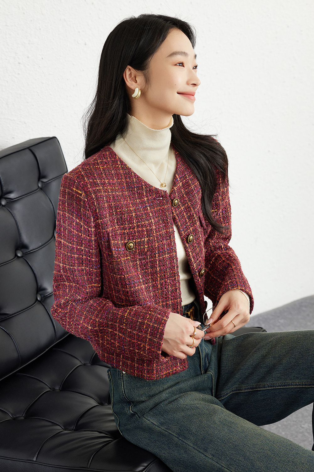 Fashionable Retro Red Check Short Jacket
