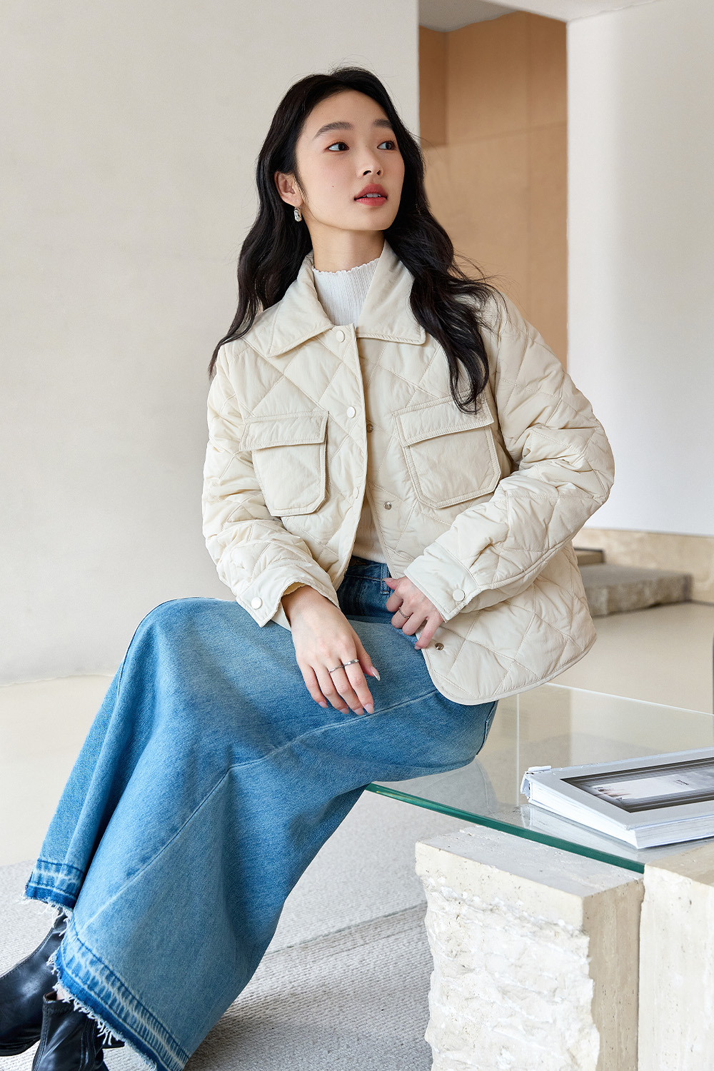 Lapel Diamond Short Cotton Coat-VIMLYSTORE