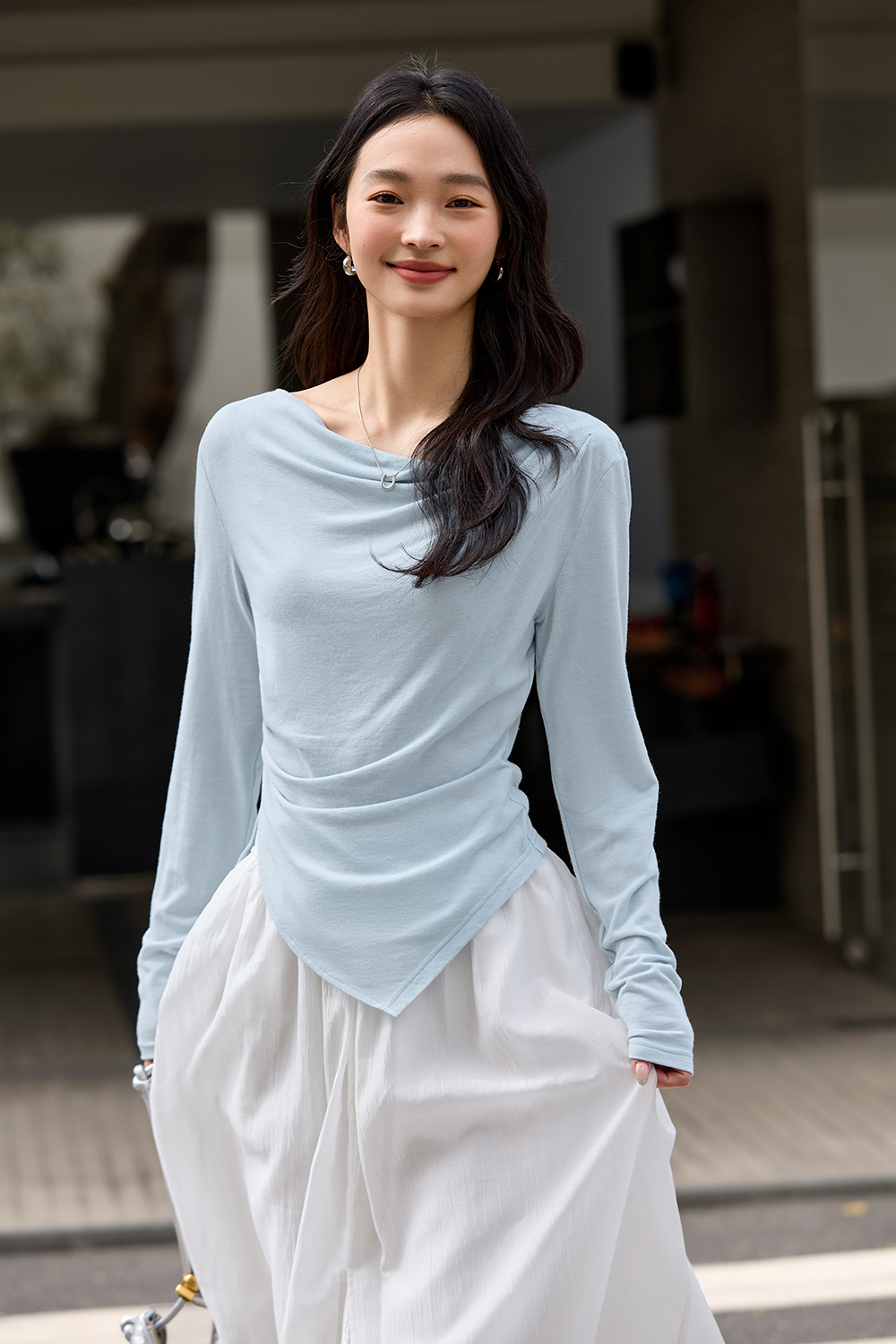 Natural Pleated Solid Color T-Shirt-VIMLYSTORE