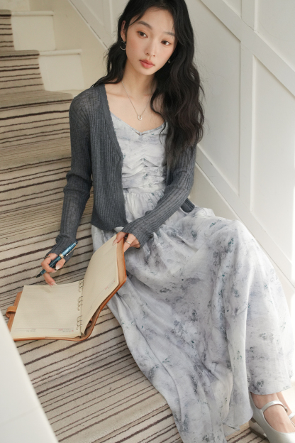 Knitted Cardigan And Floral Long Skirt Combination