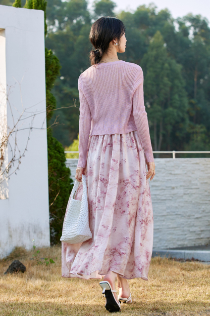 Knitted Cardigan And Floral Long Skirt Combination
