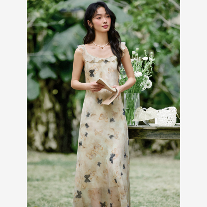 U-Neck Butterfly Suspender Dress