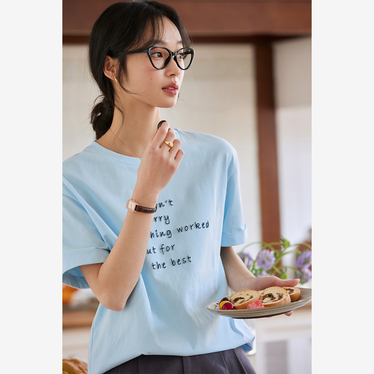 Letter Embroidered Round Neck T-Shirt