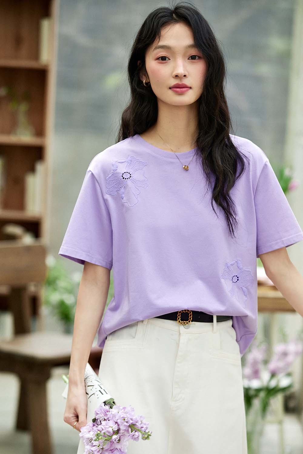 Hollow Flower Embroidery Straight T-Shirt-VIMLYSTORE