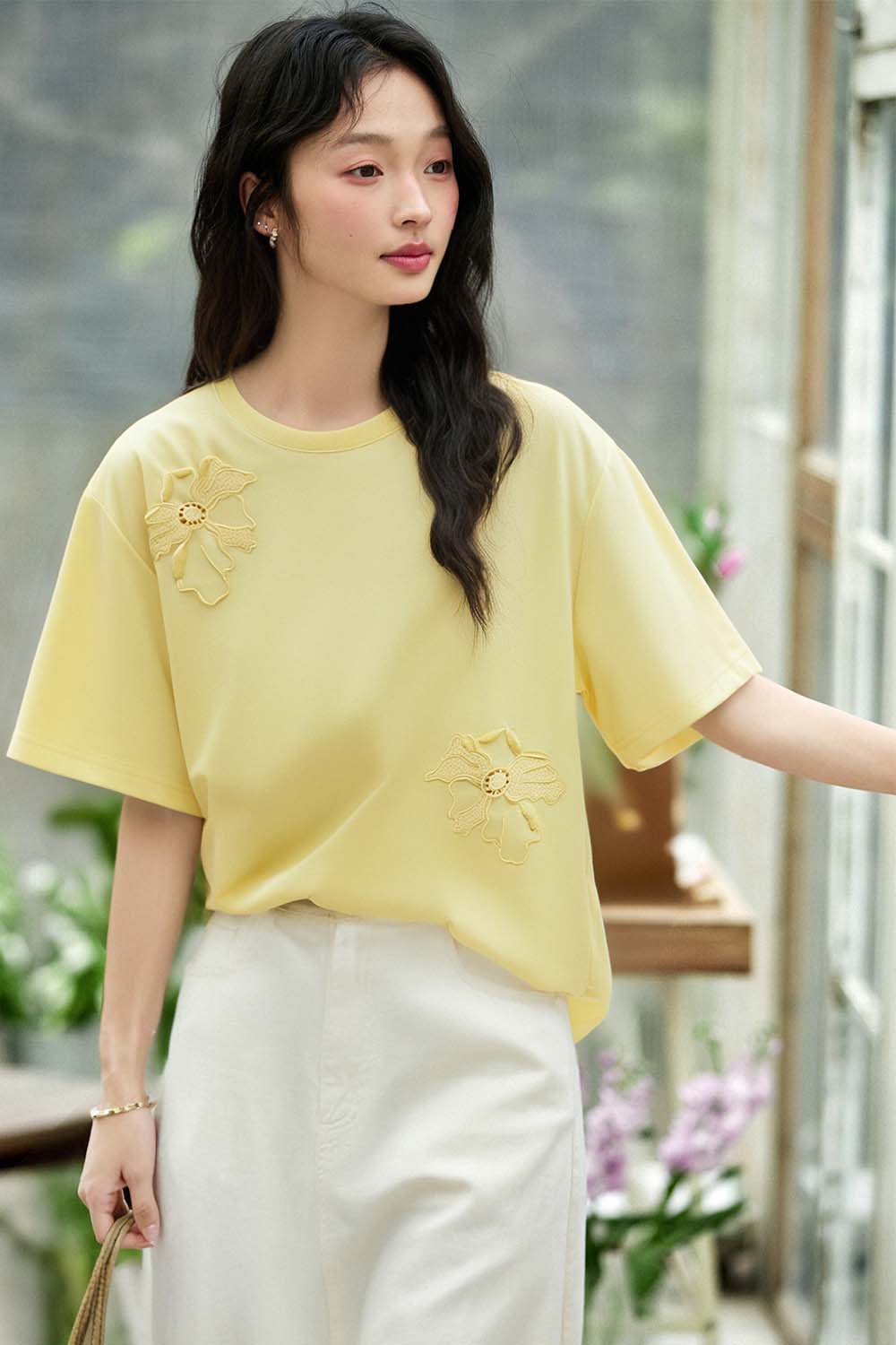 Hollow Flower Embroidery Straight T-Shirt-VIMLYSTORE