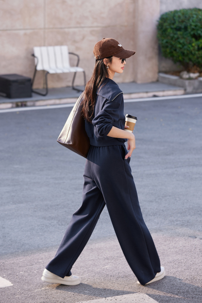 Navy Breton-Stripe Peplum Top & Wide-Leg Pants Set-VIMLYSTORE