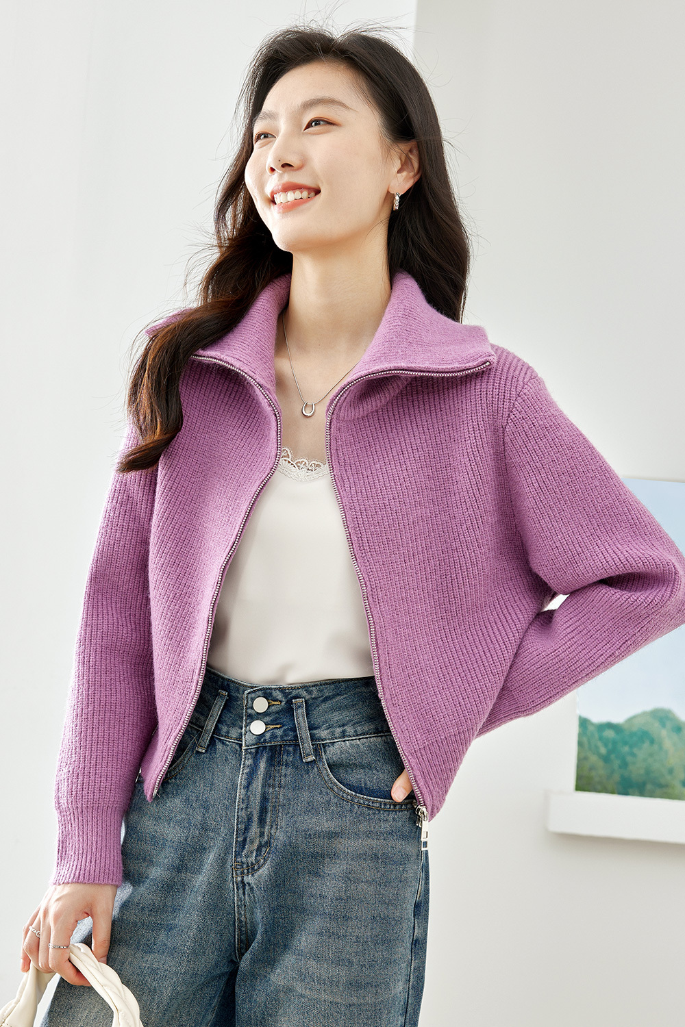 Metal zipper knit cardigan