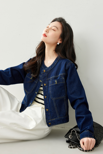 Round Neck Denim Short Jacket