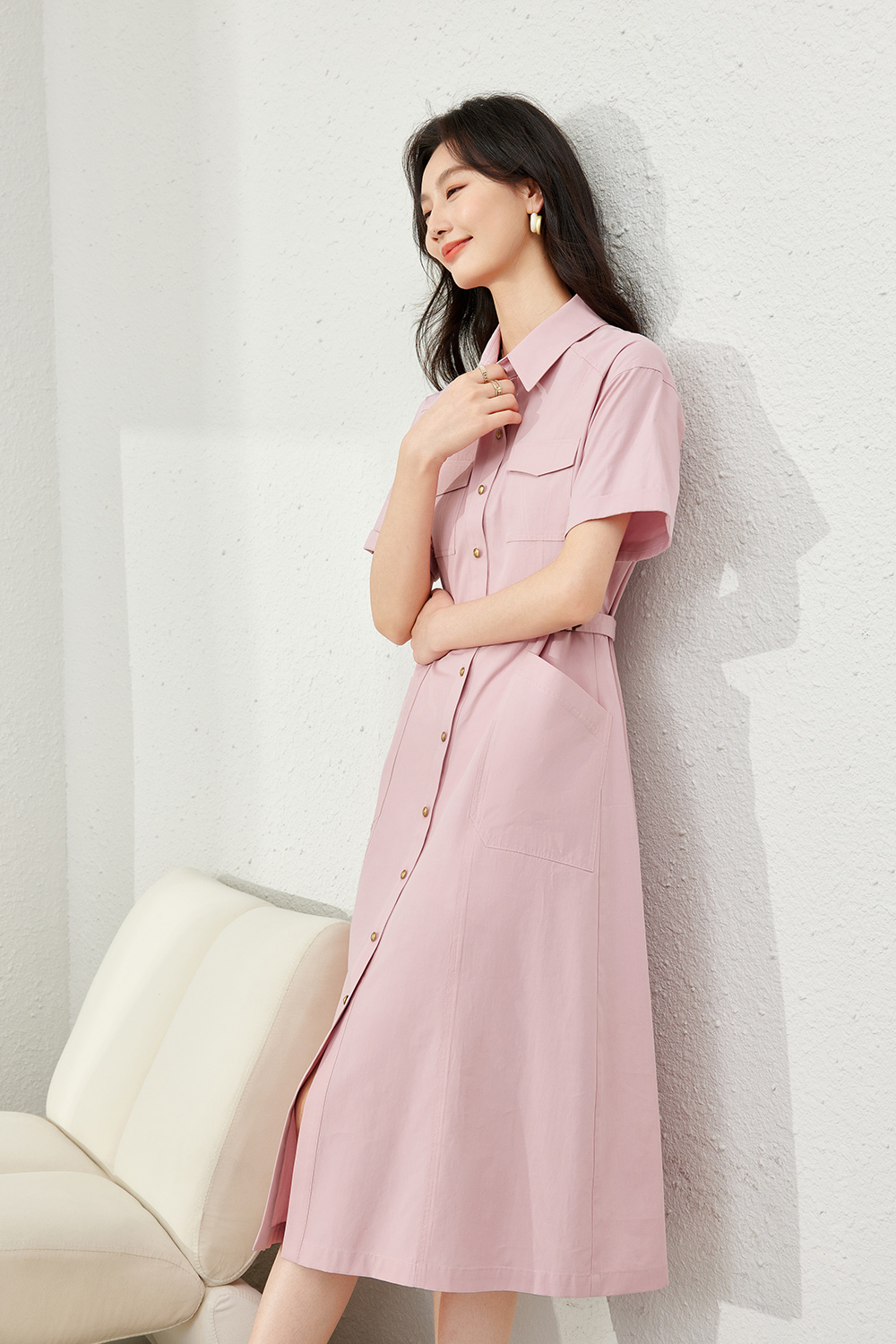 Polo Collar Shirt Dress-VIMLYSTORE