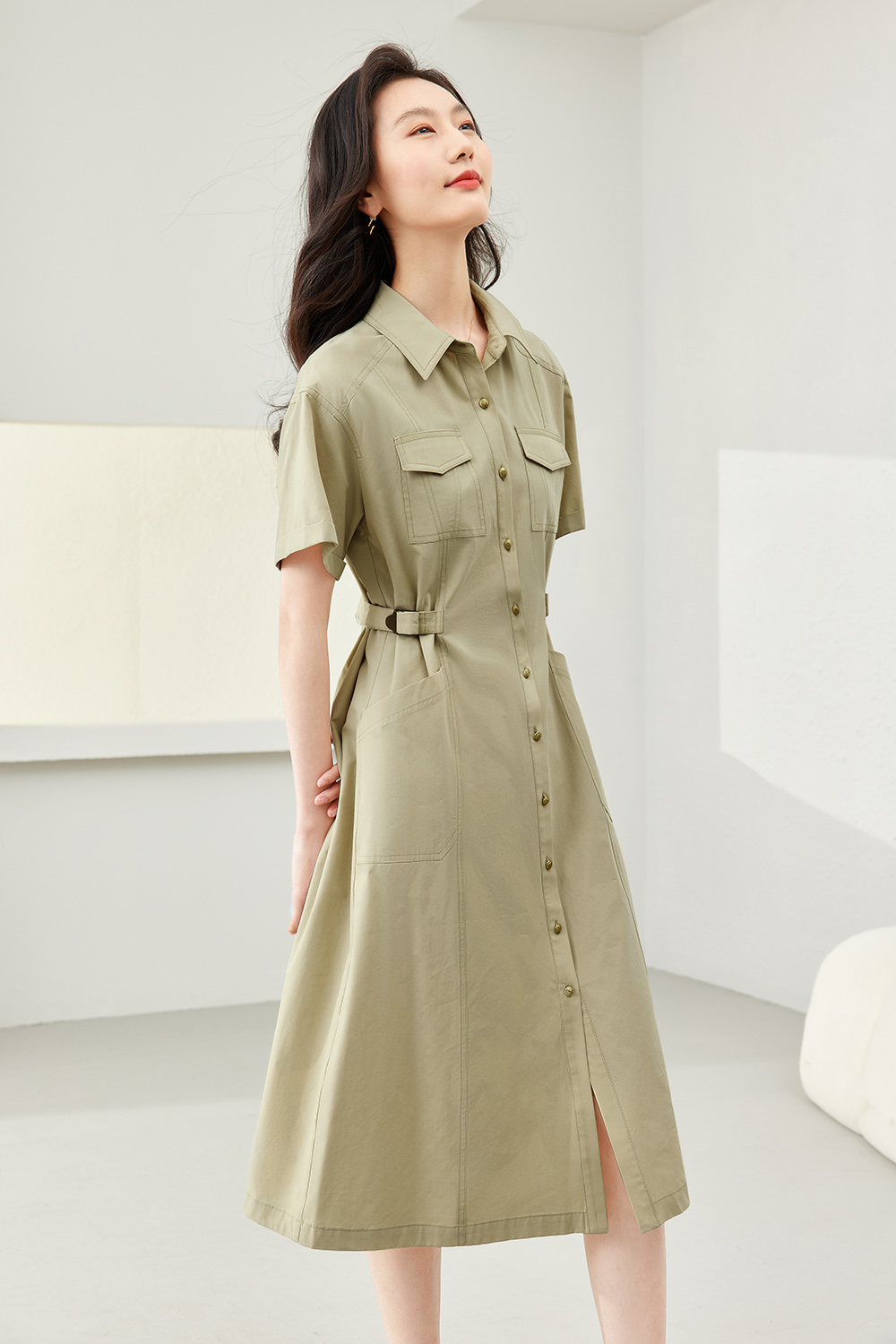 Polo Collar Shirt Dress-VIMLYSTORE