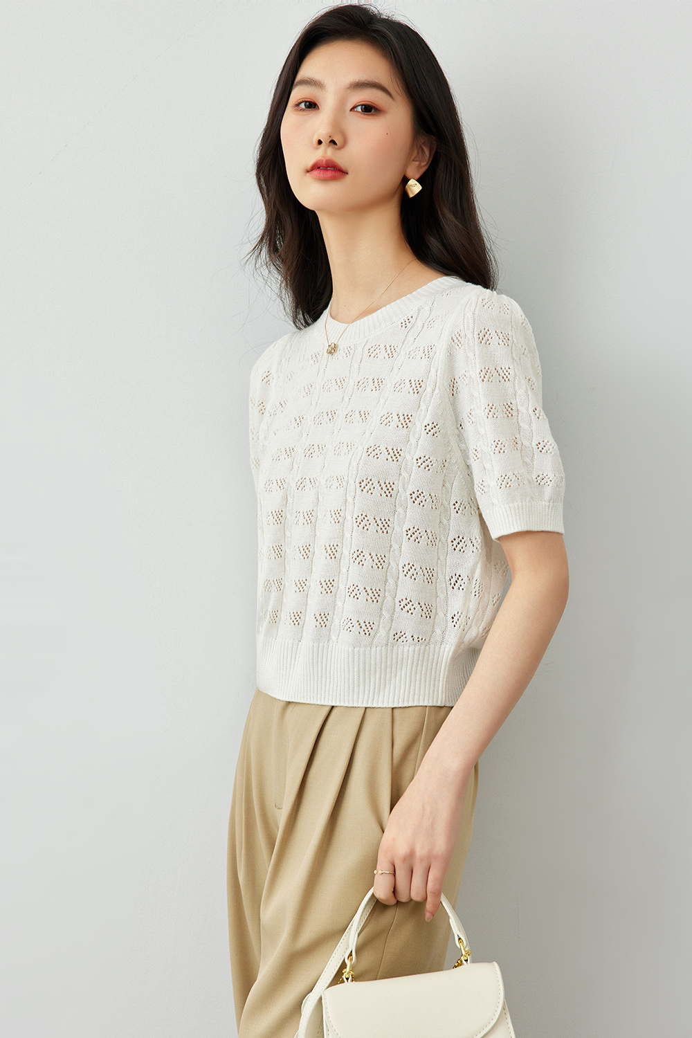 French Hollow Solid Color Knit Sweater