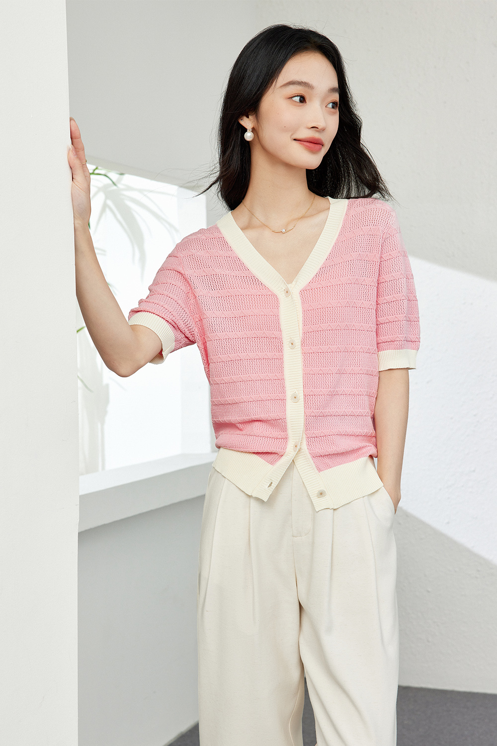 Color-Block French Textured Knit Cardigan