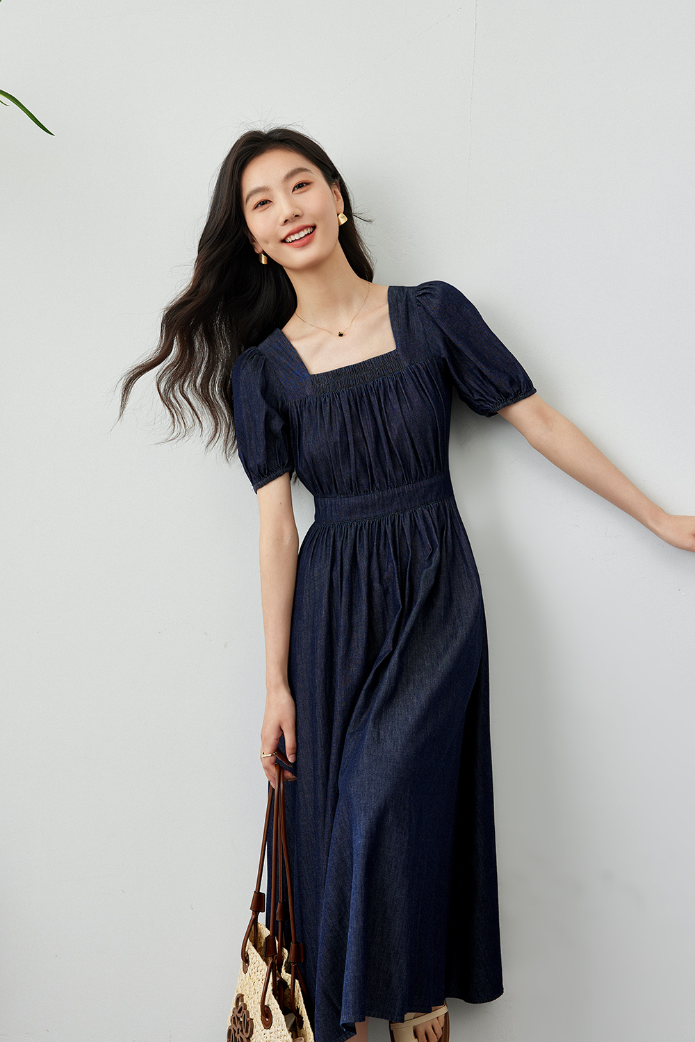 Retro Square Neck Denim Dress