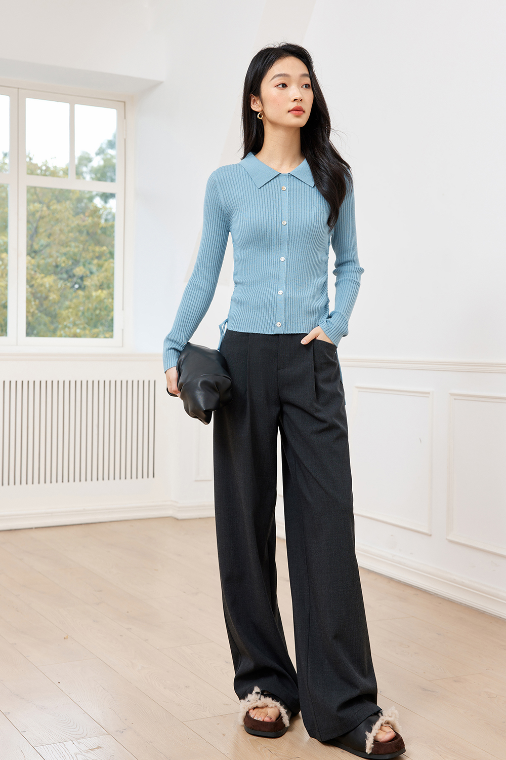 Polo Collar Textured Knitted Sweater