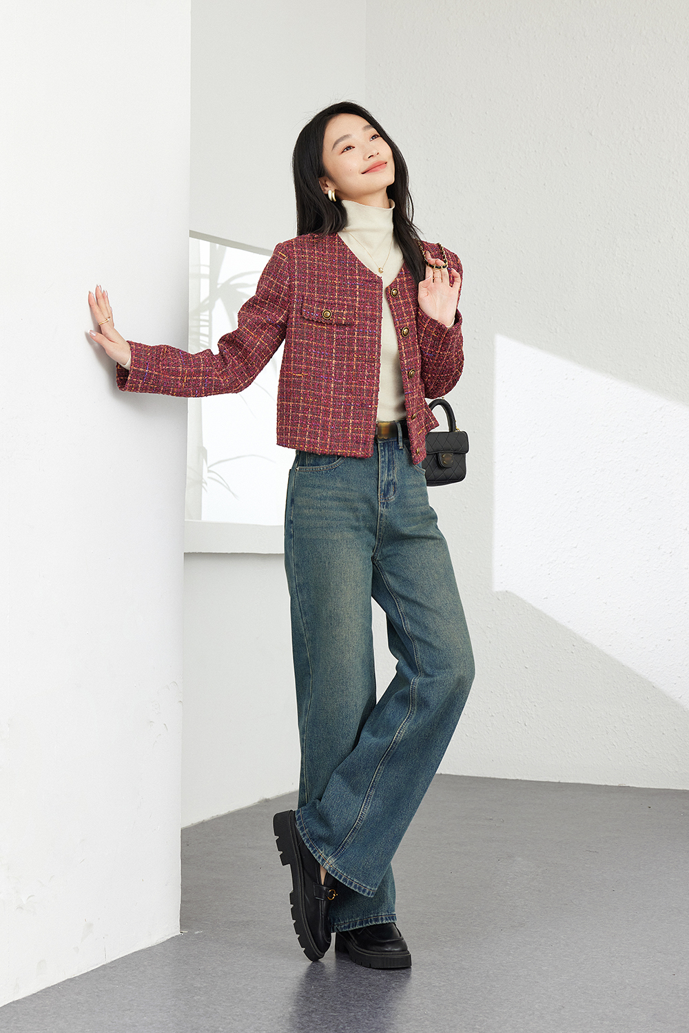 Fashionable Retro Red Check Short Jacket