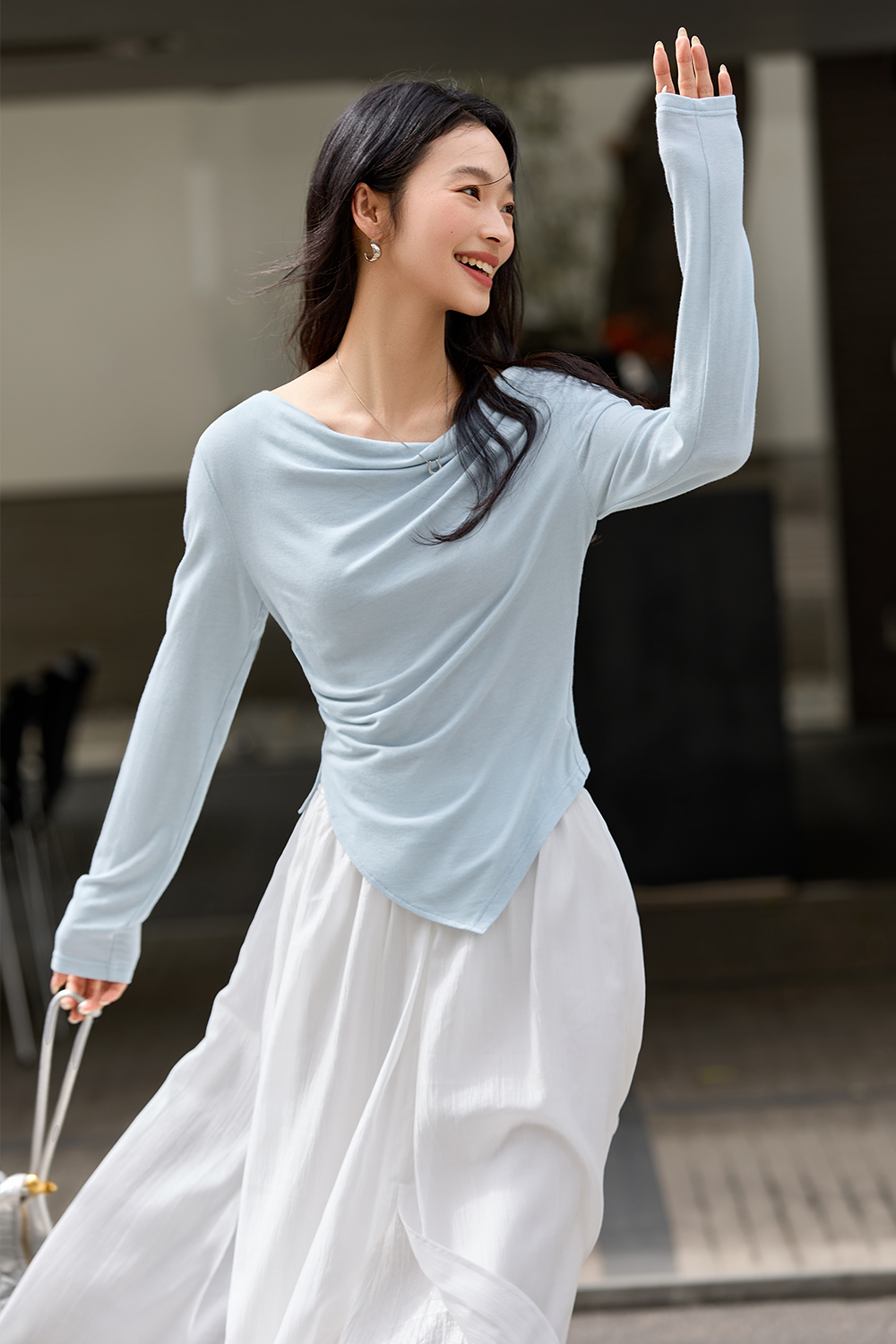 Natural Pleated Solid Color T-Shirt-VIMLYSTORE