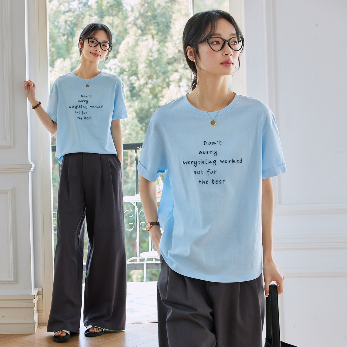 Letter Embroidered Round Neck T-Shirt