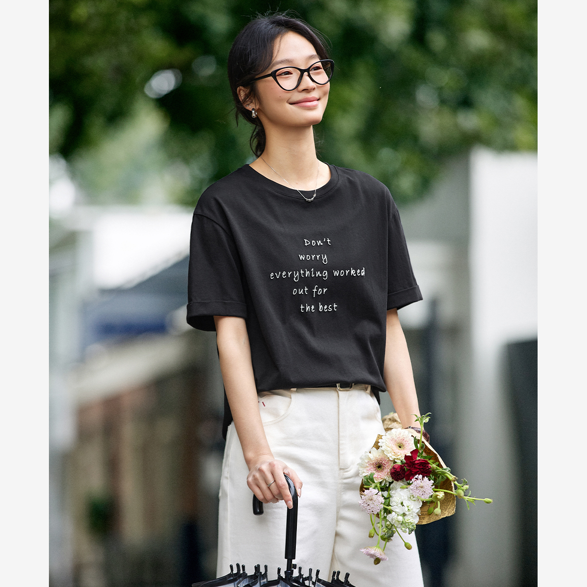 Letter Embroidered Round Neck T-Shirt