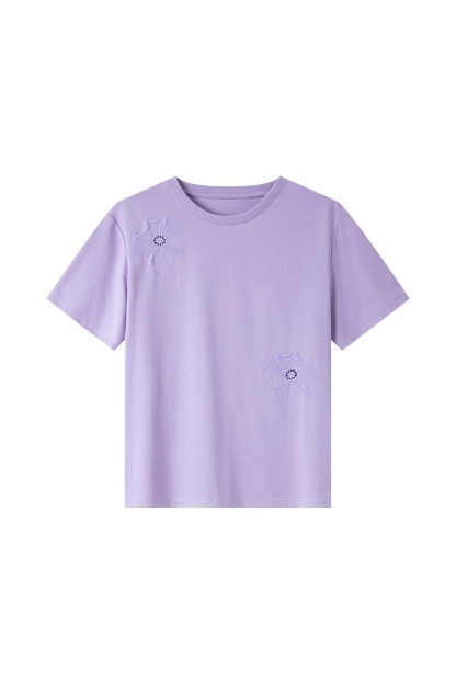 Hollow Flower Embroidery Straight T-Shirt-VIMLYSTORE