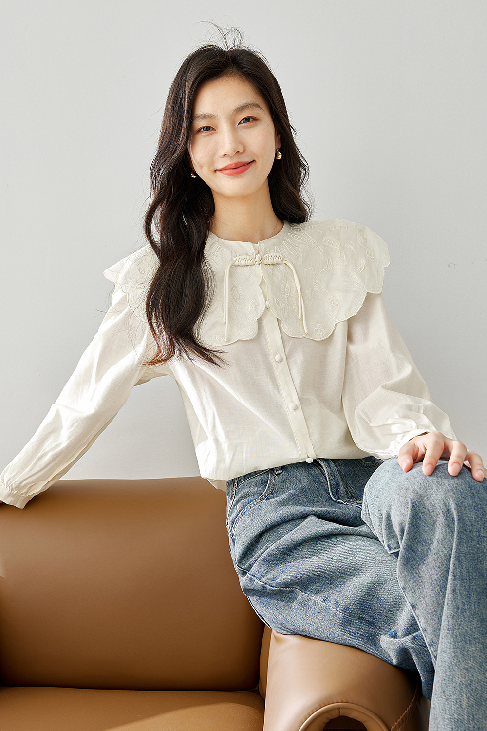 Doll collar traditional-style shirt-VIMLYSTORE