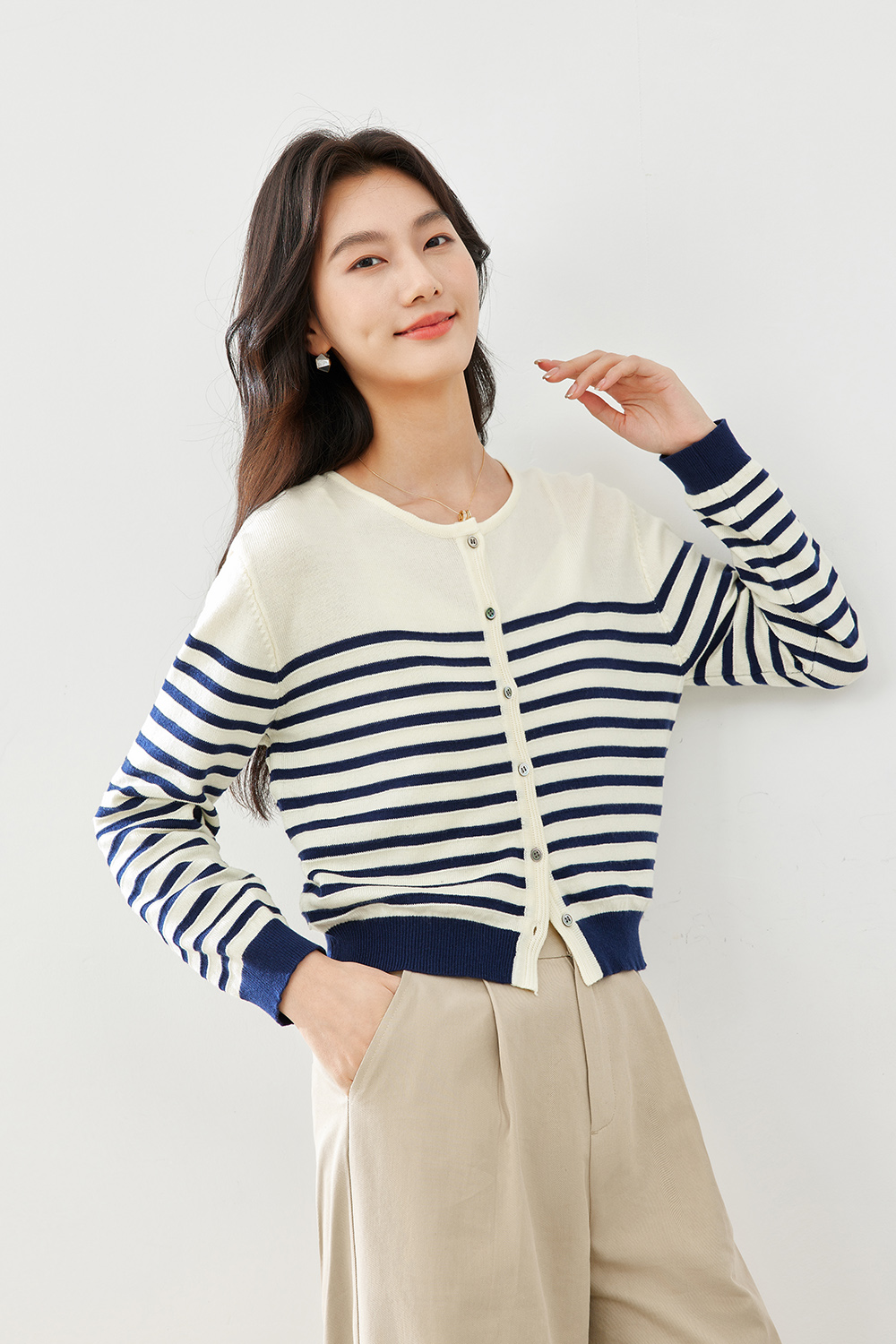 Apricot Blue Striped Knit Cardigan-VIMLYSTORE