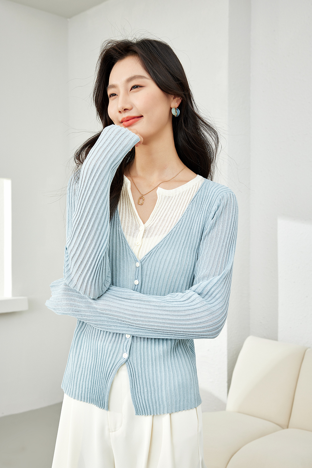 Collar Patchwork with Contrast Knit Cardigan-VIMLYSTORE