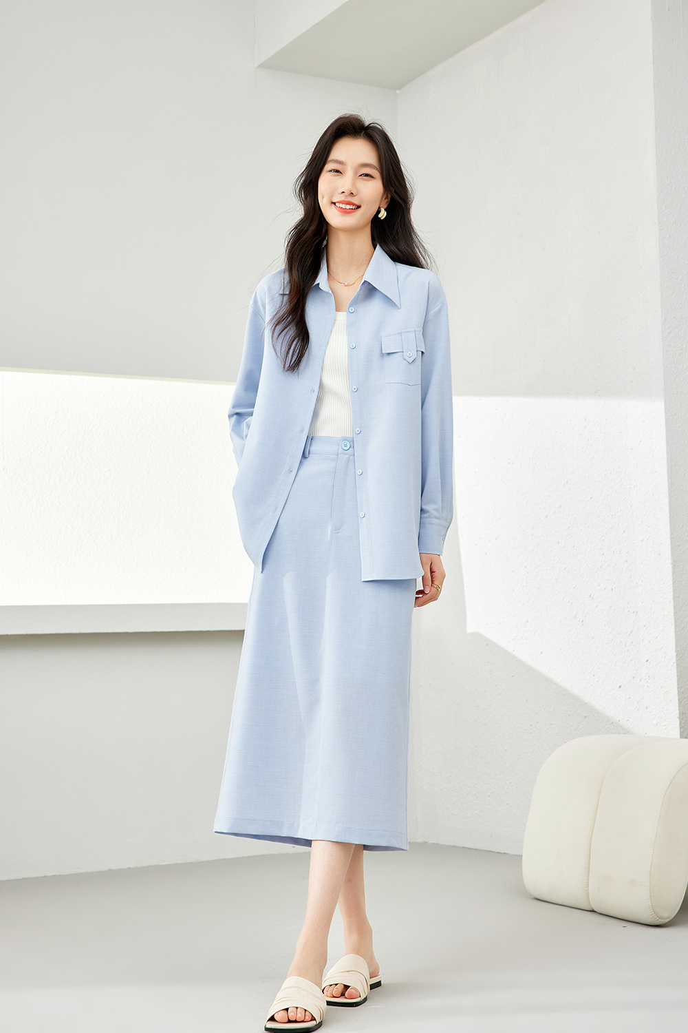 Woven Solid Color Shirt Dress Set