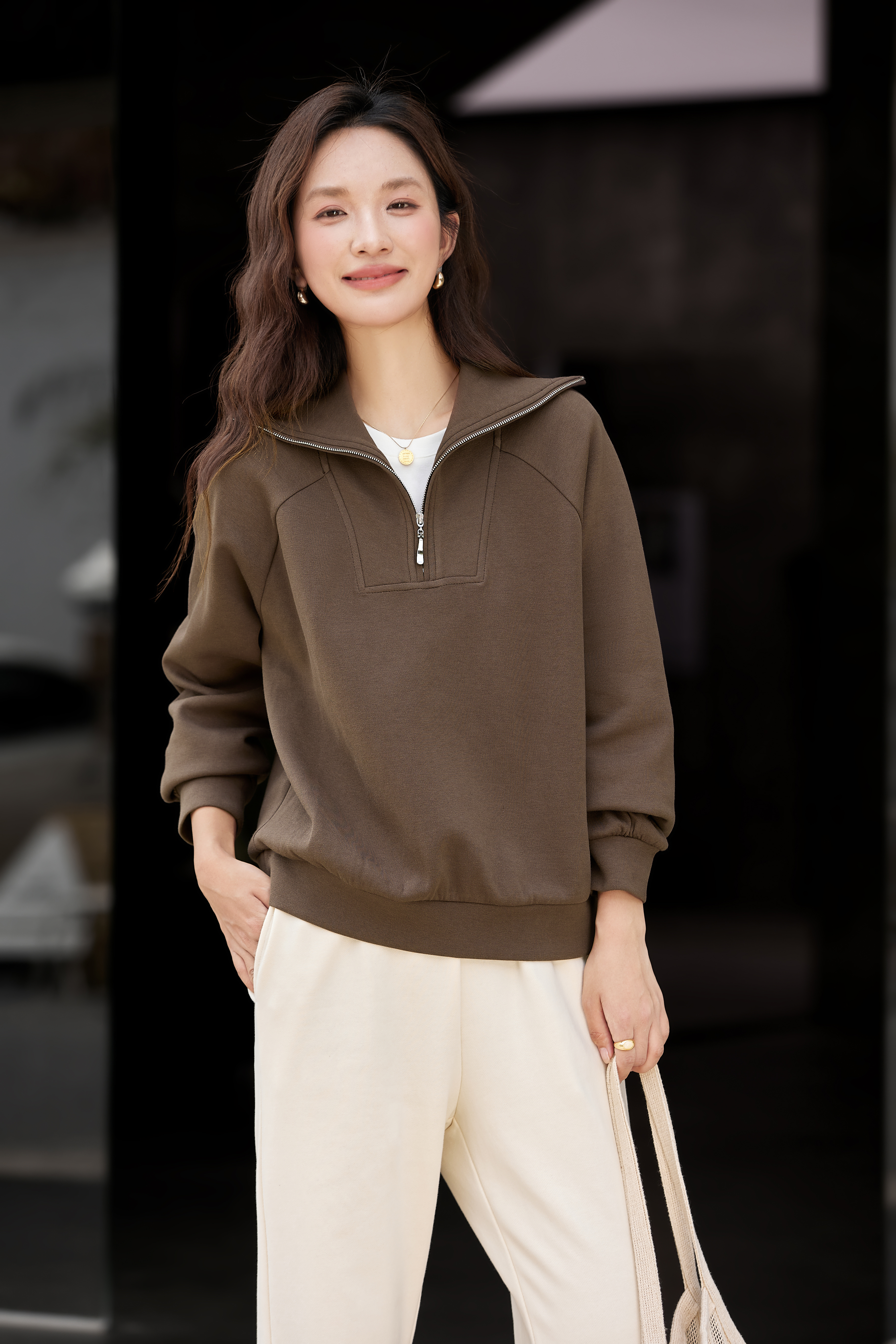 Retro Zip-Collar Pullover Sweatshirt-VIMLYSTORE