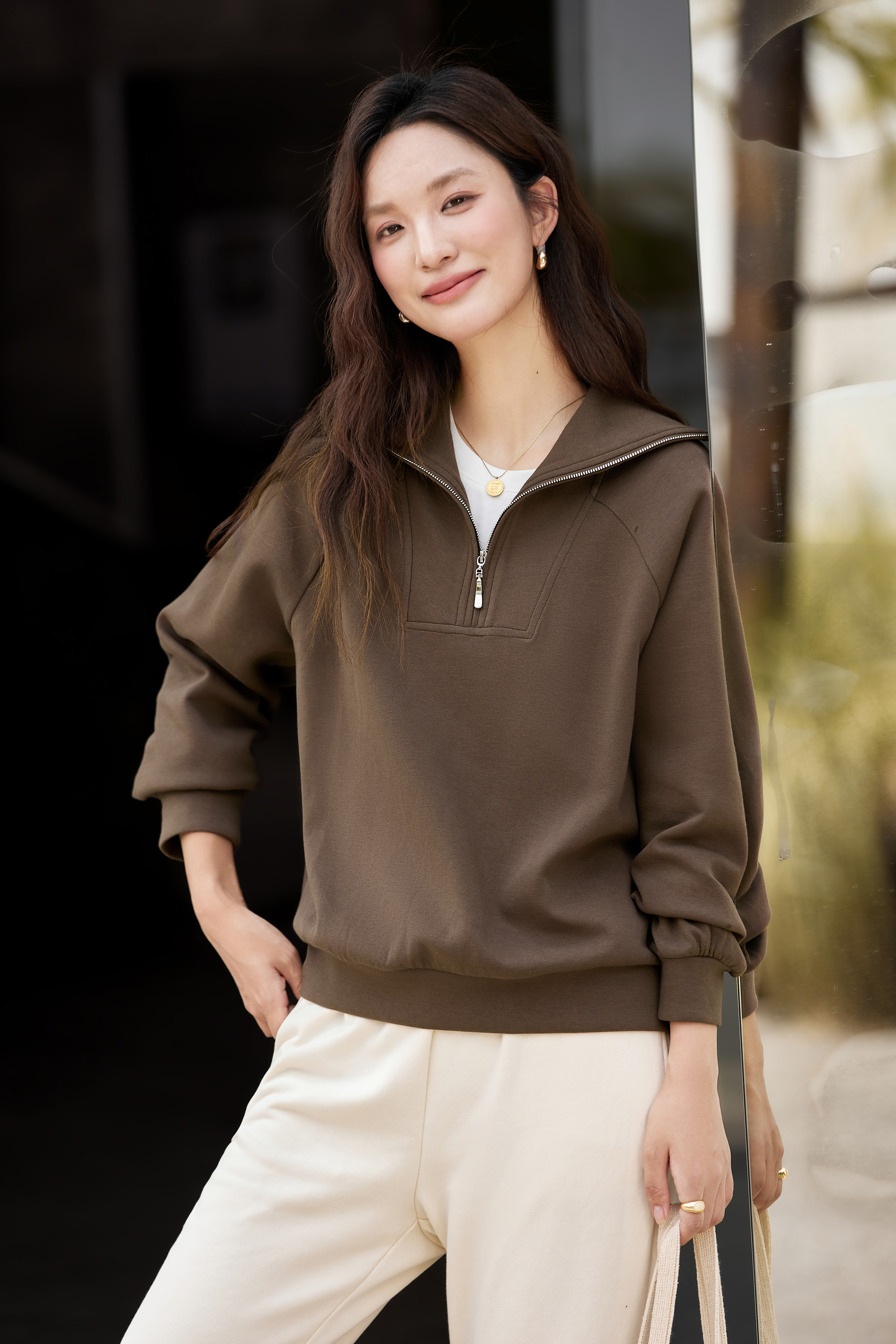 Retro Zip-Collar Pullover Sweatshirt-VIMLYSTORE