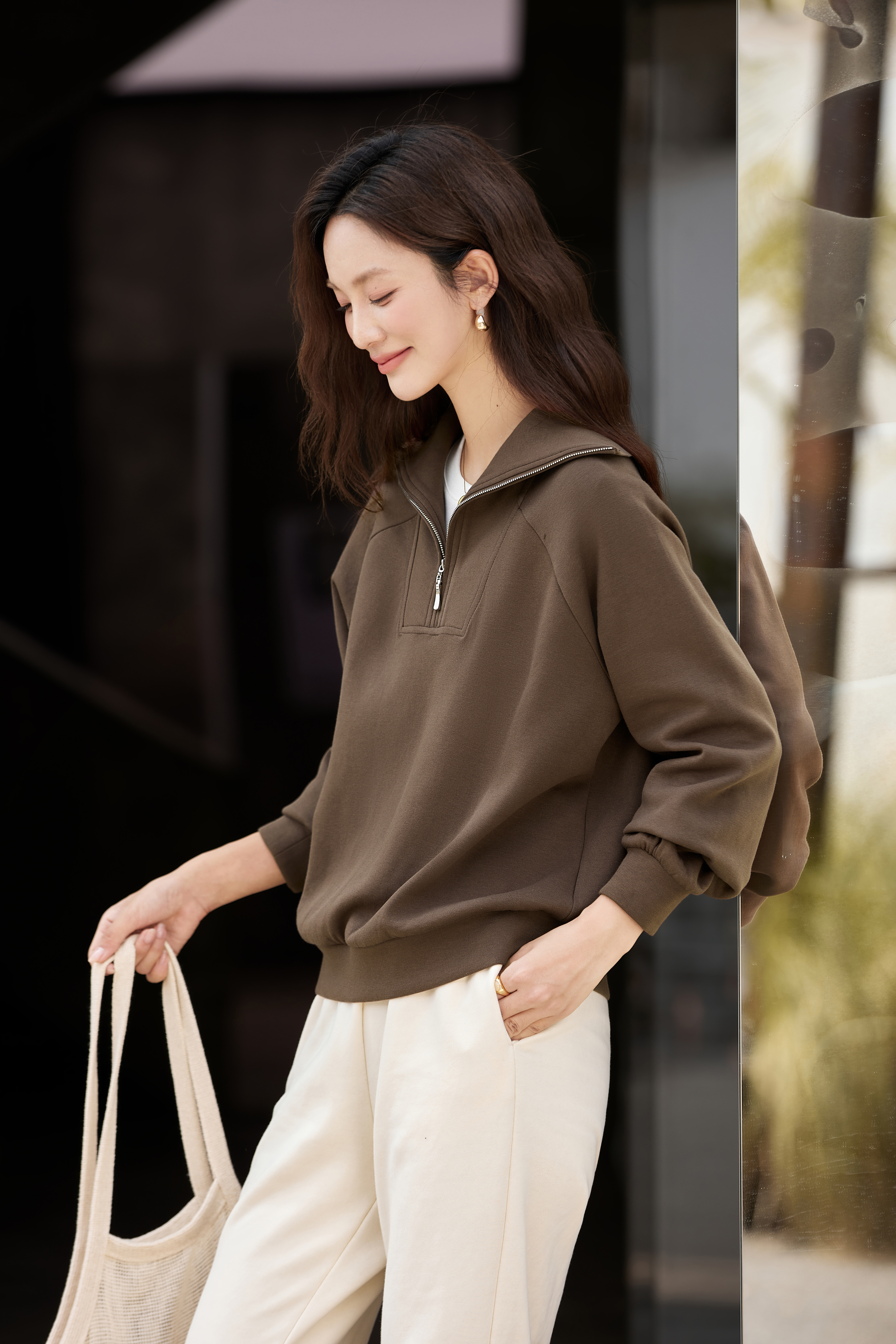 Retro Zip-Collar Pullover Sweatshirt-VIMLYSTORE